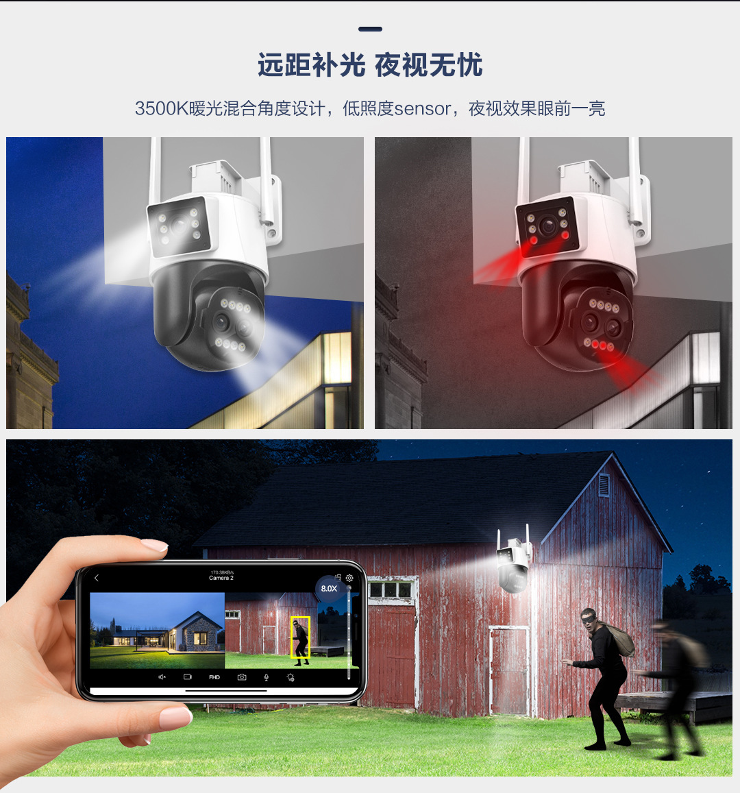 跨境 三目枪球联动wifi摄像头高清夜视双目无线摄像机360