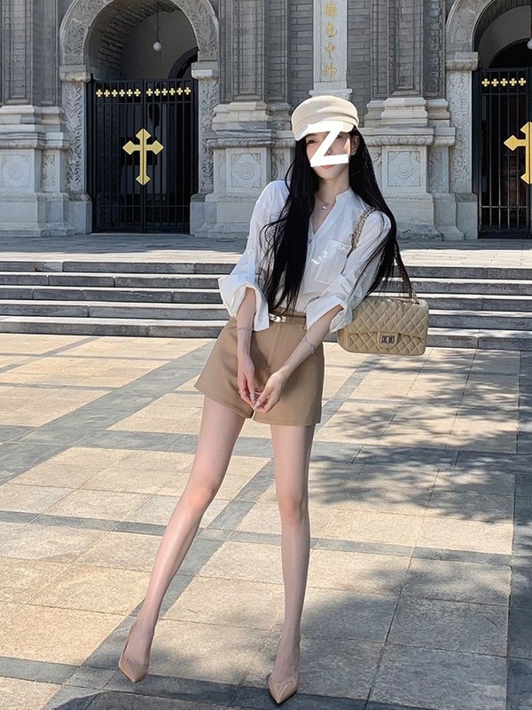 白色口袋衬衫套装女高腰显瘦短裤两件套装2025气质淑女|undefined