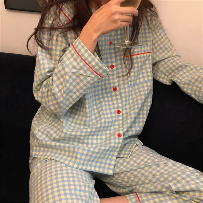 韩版ins格子睡衣女春秋季长袖长裤开衫套装学生休闲可外穿家居服|undefined