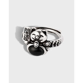 国风开运招财猫泰银戒指女复古做旧简约小众设计感可爱猫咪食指环