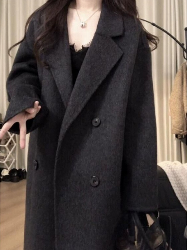2025新款赫本风黑色毛呢大衣女秋冬季慵懒高级感宽松加厚呢子外套|undefined