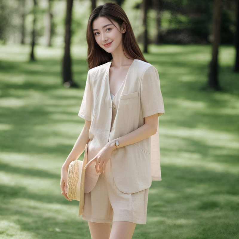 Korean Style Collarless Short-Sleeved Suit Jacket Set for Women 2026 Summer New Casual Relaxed Wide-Leg Shorts Two-Piece Set
