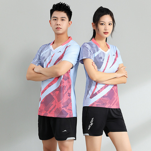 Quick-drying badminton suit, short-sleeved pants, men's and women's tops, sports team uniform, competition training suit, table tennis clothing with printed letters