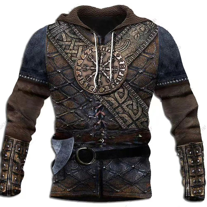 2024 Europa y América Primavera y otoño Moda nuevos hombres Viking Myth Series Cool Armor Print 3D Sudadera con capucha