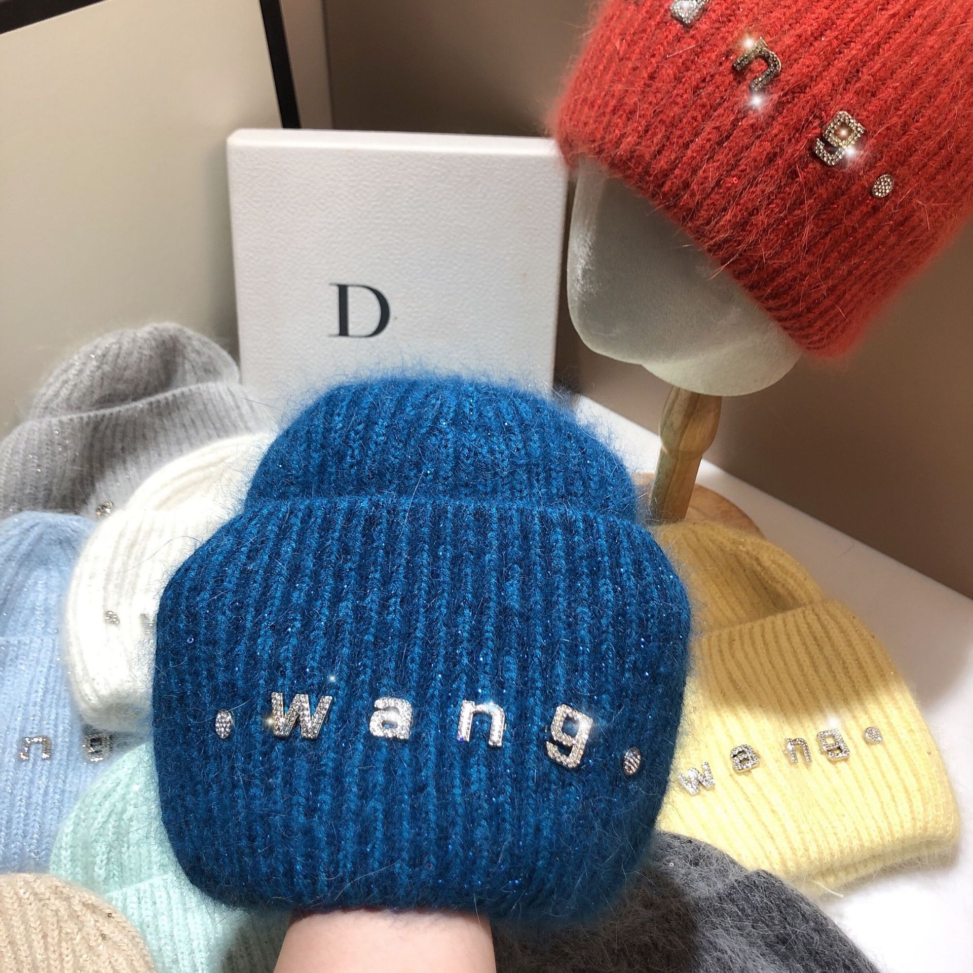 Autumn and Winter King Letter Rabbit Hair Knitted Hat Women's Fashion Sequin Soft Glutinous Warm Pullover Cap Korean_voghion.com