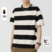 鲲海鹏云男装青春潮流条纹T恤男短袖夏季新款宽松百搭半袖情侣装