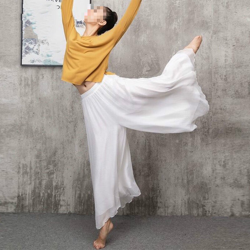 White Chiffon Double-Layer Wide-Leg Pants Yi Dance Suit Practice Pants Women's All-Match Yoga Pants Beach Skirt Pants Tea Pants