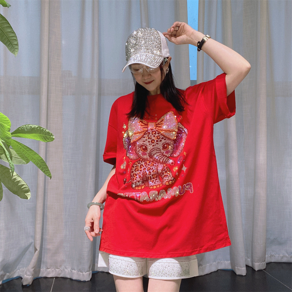 Camiseta de manga corta con diamantes para mujer europea y americana moda de verano suelta versión grande marca de moda de longitud media tops de algodón de diamantes calientes para mujer