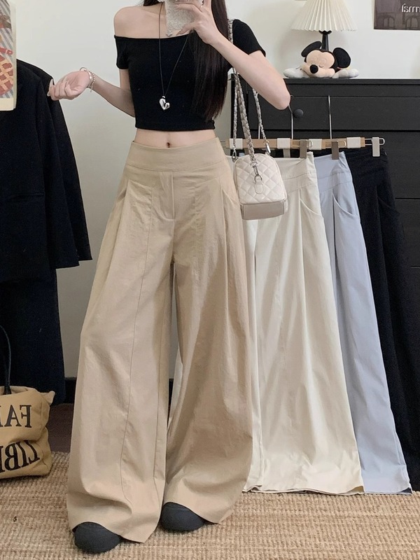 韩系垂感休闲裤子女2025秋季新款高腰宽松显瘦阔腿裤设计感拖地裤|undefined