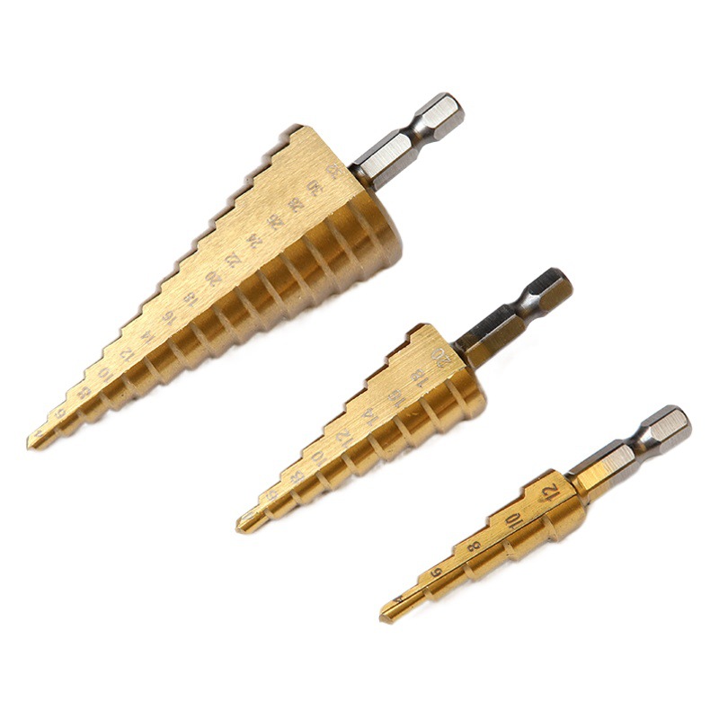 Taladro de pagoda Mango hexagonal de 3 piezas ranura recta métrica perforadora de titanio perforadora escalonada taladro escalonado de tres piezas