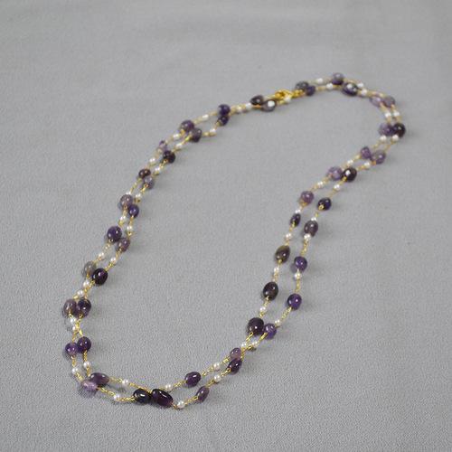 Original Design Autumn/Winter Novelty Natural Stone Handmade Bead Long Pendant Necklace with Double Layer Overlapping Strap for Women