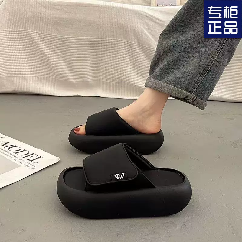 网红魔术贴一字面包拖鞋女2025新款时尚外穿松糕厚底增高沙滩凉拖