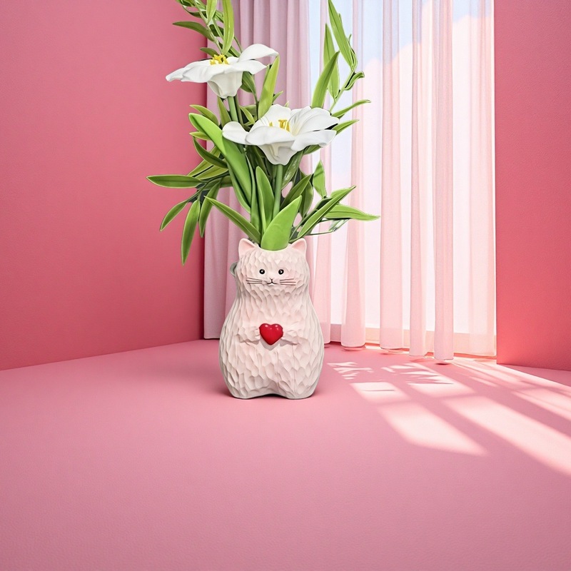 跨境粉红爱心猫树脂摆件多功能室内花盆花瓶粉红猫咪家居装饰创意|undefined