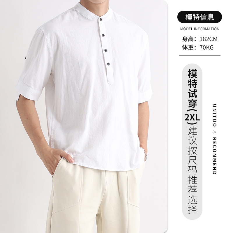 Camisa de hombre de manga corta con cuello Henry de algodón pesado, ropa de hombre suelta, marca de moda de verano para hombre, camisa casual de alta gama, verano para hombre