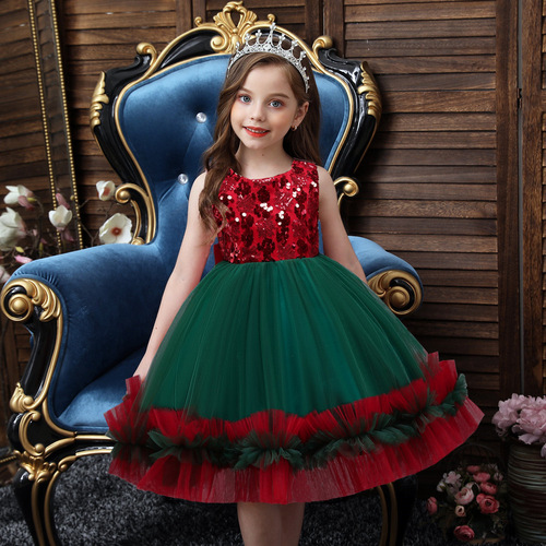 Kids girls toddlers Sequined  princess host singer choir stage performance dress tutu skirt birthday xmas party celebration bow princess dresses for baby