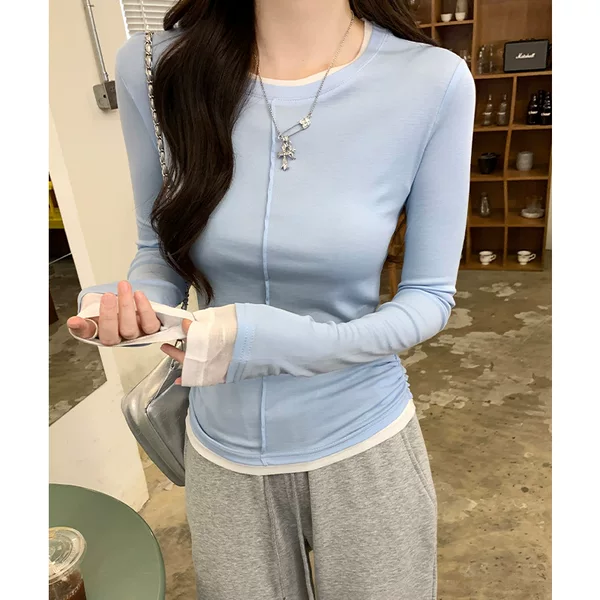 Real Shot # Pleated Patchwork Fake Two-Piece Long-Sleeve T-Shirt for Women, Spring and Autumn 2026 New Style, Round Neck, Regular Shoulder, Versatile Top.