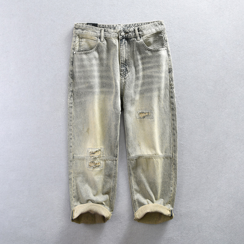 G7101 Herren gewaschene Retro-Distressed-Jeans für den Alltag, einteiliger Haarersatz_voghion.com