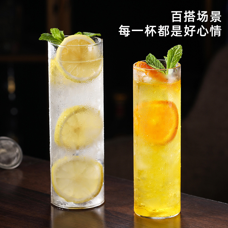 Lightweight, bottomless, straight-tube glass cocktail cup; minimalist tall drink glass, Collins glass; juice cup with an elongated, straight design; extended-style water tumbler