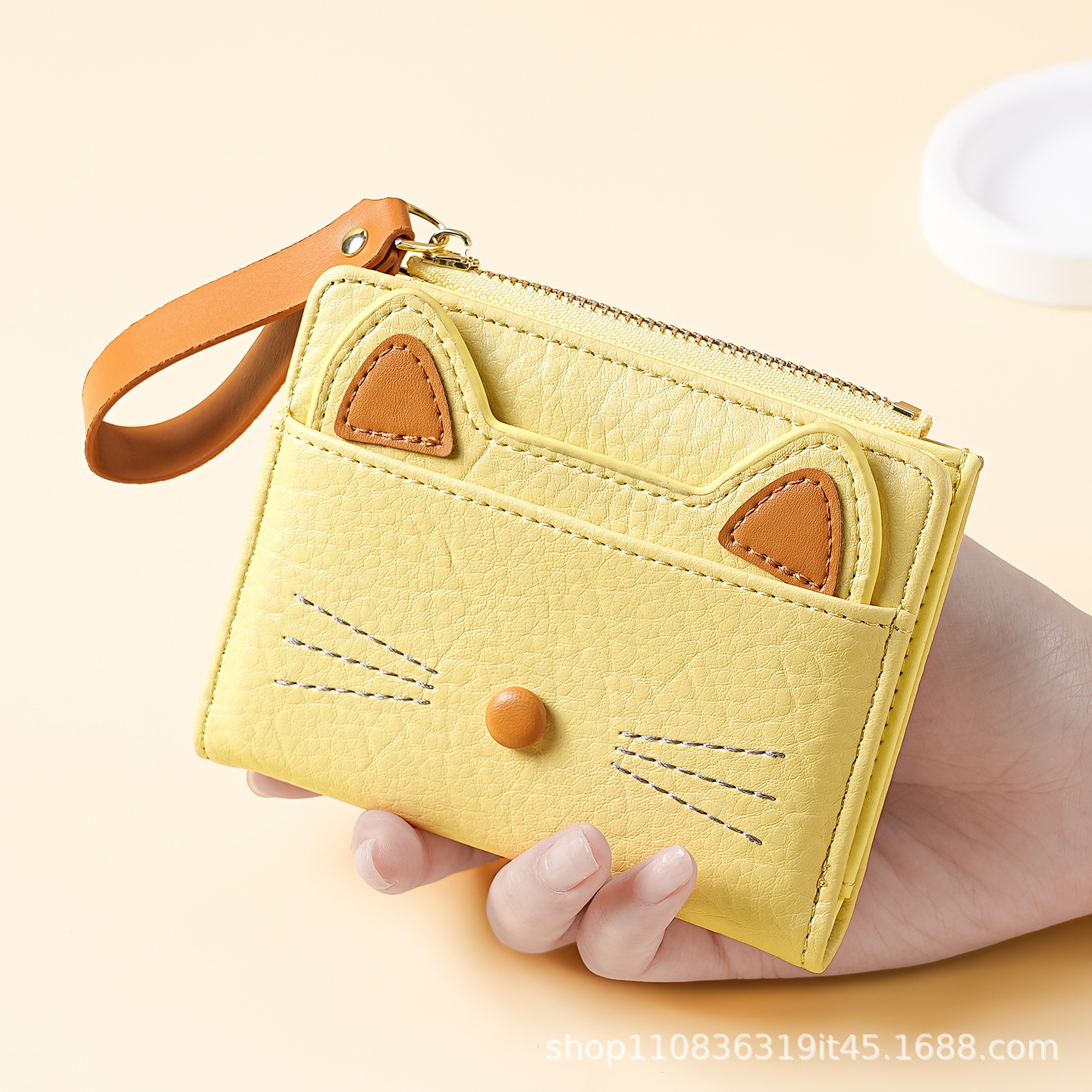 New Cute Cat Pu Short Wallet for Women, Ins-Style Multi-Card Slot Zipper Wallet, Simple and Fashionable Snap Button Coin Purse