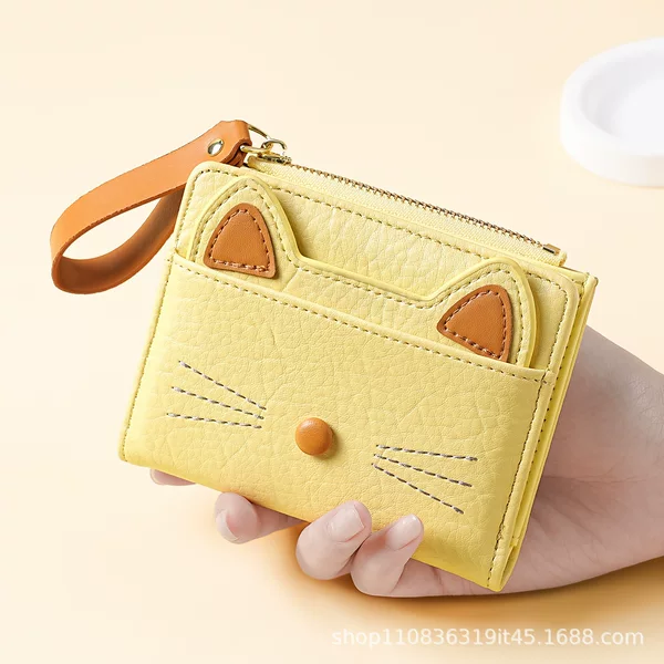 New Cute Cat Pu Short Wallet for Women, Ins-Style Multi-Card Slot Zipper Wallet, Simple and Fashionable Snap Button Coin Purse