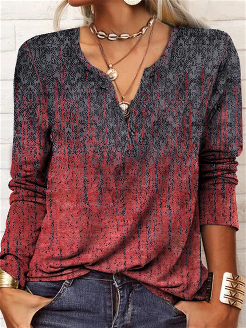 Fashion Color Block V Neck Long Sleeve Regular Sleeve Printing T-shirt