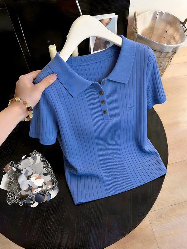 Áo thun cổ lật tay ngắn nữ phong cách Hàn Quốc, dáng suông tôn dáng — xanh lam