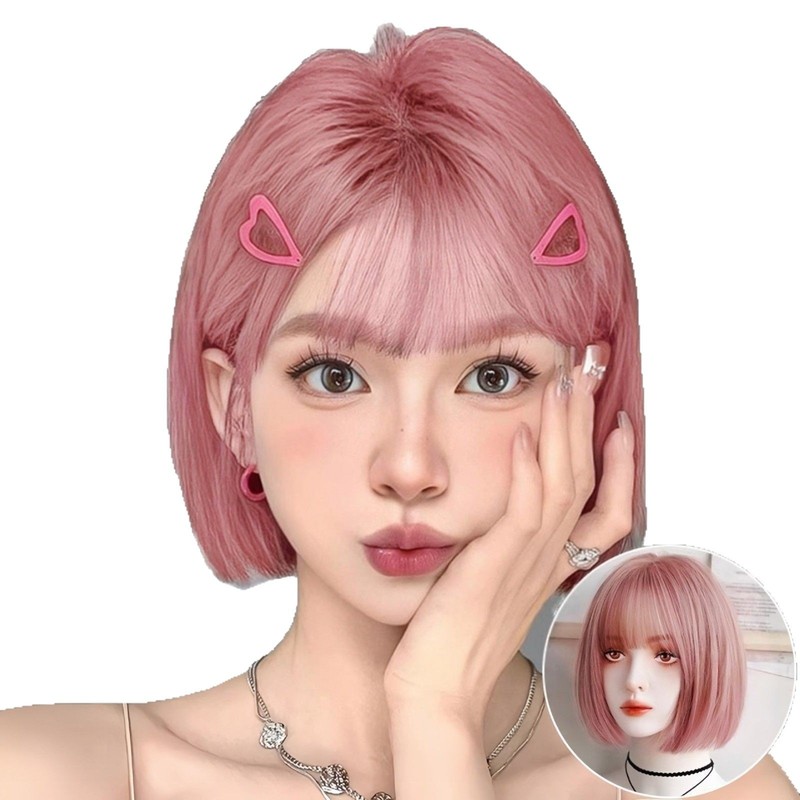 ピンクウィッグフルヘッドセット女性のショートストレートヘアロリータ日本の女の子年齢軽減ボブヘアふわふわシミュレーションウィッグセット|undefined