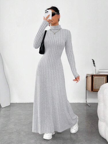 Women's European and American Autumn/Winter Elegance Ruffled High Collar Fashion Solid Color Pilling Long Sleeve Dress New Arrival