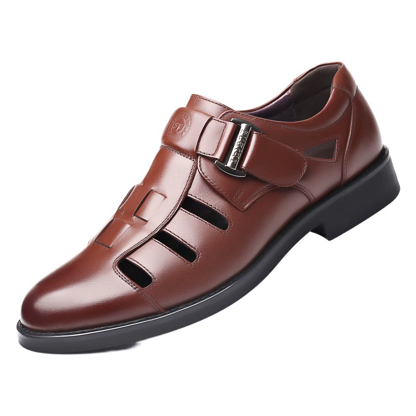 Летние кожаные сандалии, мужская кожаная обувь с дырками, полый носок, дышащая повседневная мужская обувь для средних и старых пап с закрытым носком