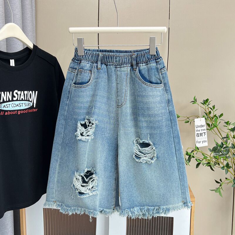115.00kg fat sister plus size summer new fashion boyfriend wind worn burr Denim high waist pants 7304