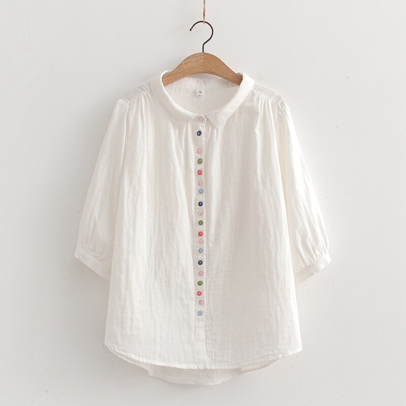 Academy Style Equipment Button Large Lapel Loose Cotton Double Layer Cotton Yarn White Shirt Women's Half Sleeve Base Shirt plus size