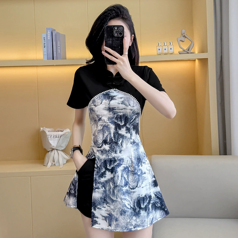 Настоящая фотография готового эластичного летнего костюма с улучшенной юбкой-чонсамом в китайском стиле, маленькая черная юбка, шорты, комплект из двух предметов