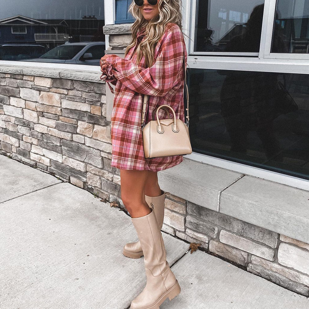 Plaid Print Long-Sleeved Lapel Loose Casual Shirt Dress NSKX109216