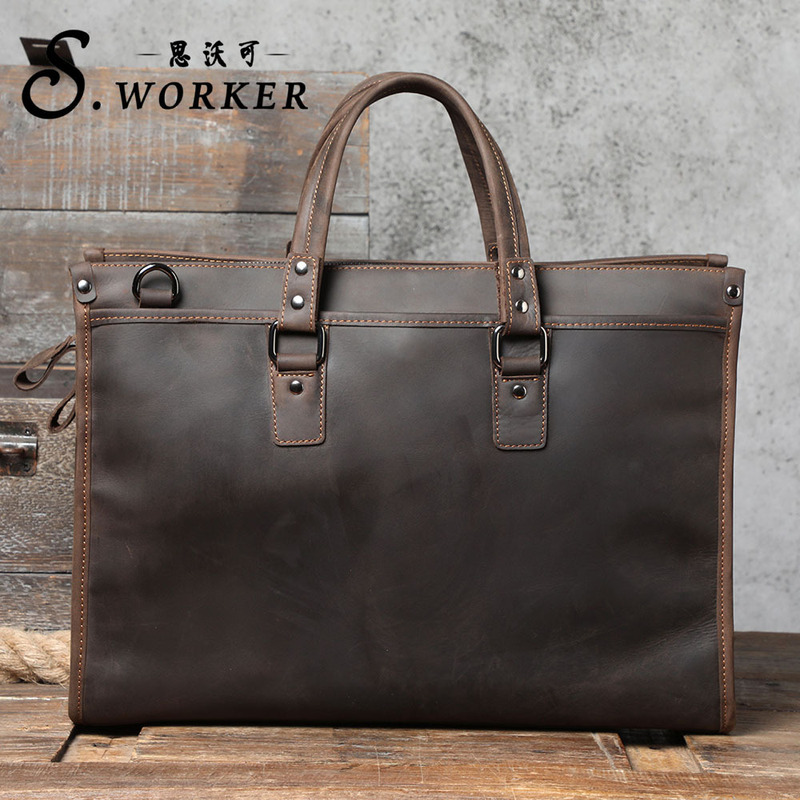 Siwo Kraft Men's Business Large Capacity Genuine Leather Laptop Bag Shoulder Crossbody Briefcase