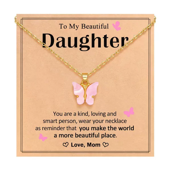 Cross-Border Wholesale Amazon New Pink Butterfly Necklace Stainless Steel Chain Necklace Gift for Daughter Granddaughter