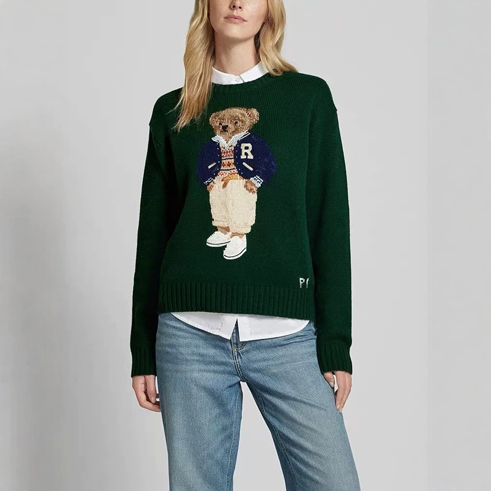 Cross-Border High-Quality Pony Logo Sweater with Qr Code, R-L Wool Cashmere Heavy-Duty Cartoon Bear Design, Popular Autumn and Winter Sweater for Women