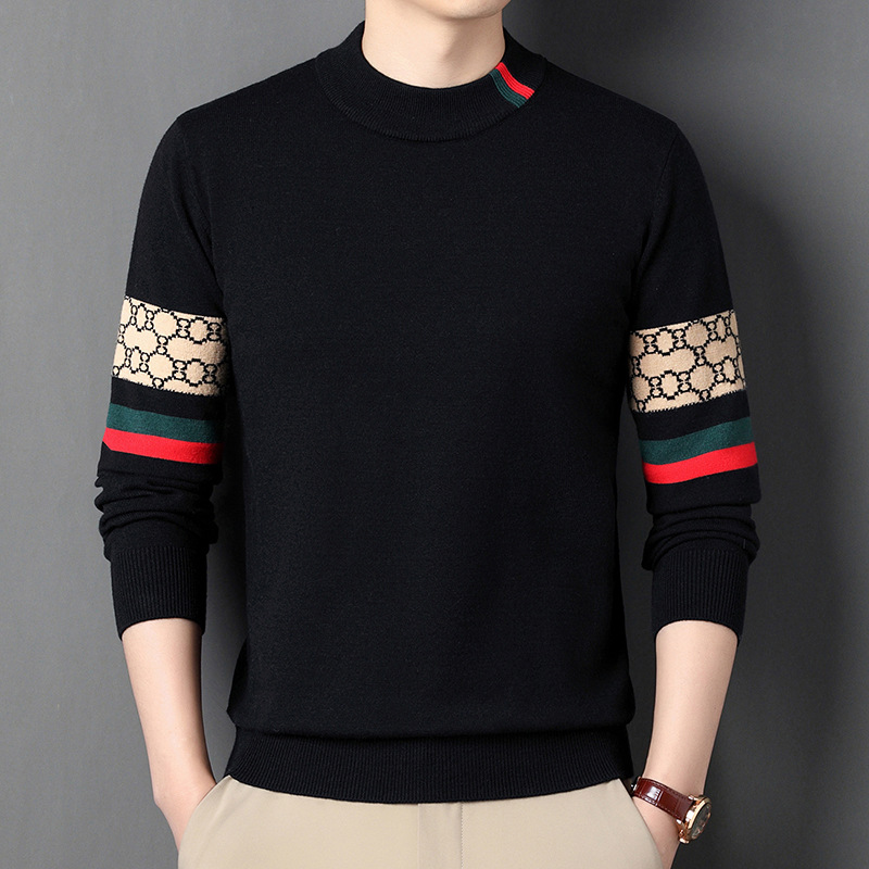 2025 Winter Popular Thickened Men's Round Neck Jacquard Knitwear for Young and Middle-Aged People Warm Knitted Knitwear Bottoming Tops Wholesale