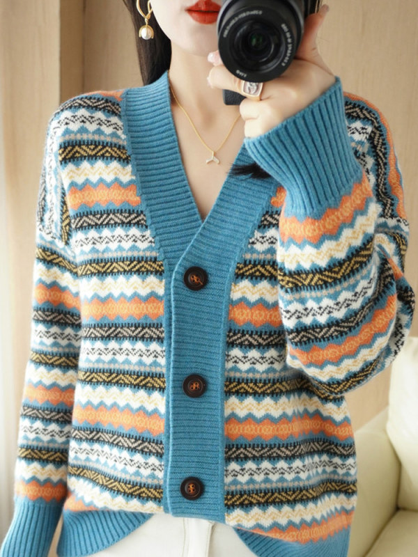 条纹羊绒开衫女V领休闲加厚春季新款复古提花羊毛衫针织毛衣外套|undefined