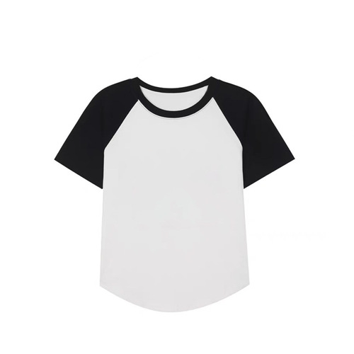 American Retro Pure Cotton Short-Sleeve T-Shirt for Women 2025 Summer Colorblock Short Length Shoulder-Style Top