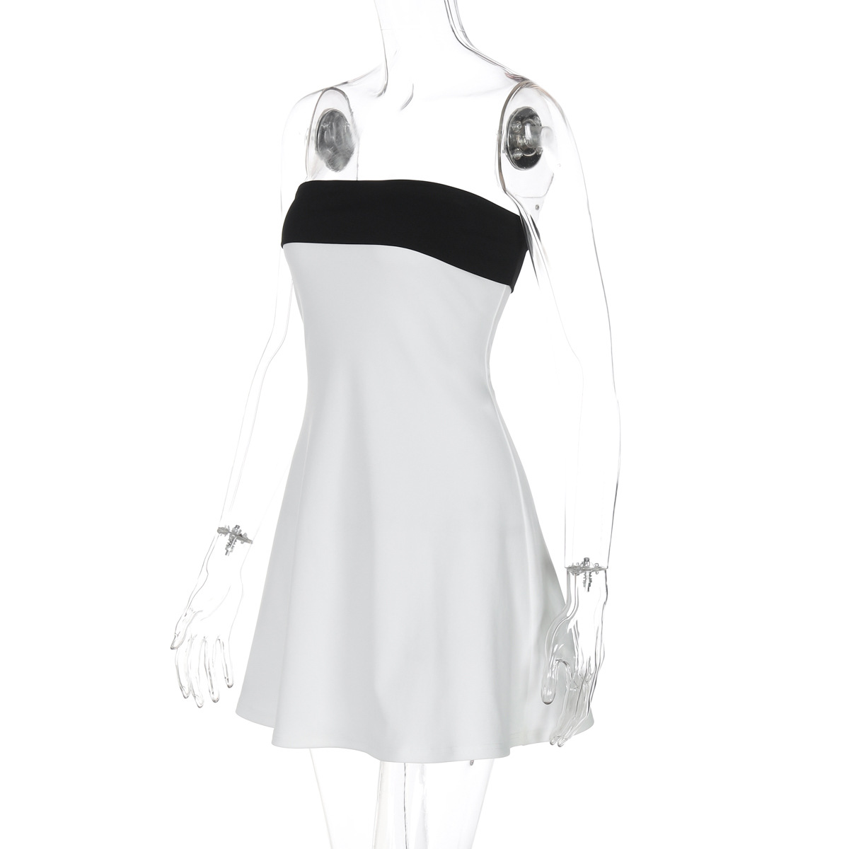 Women Clothing Spring Sexy Sexy Contrast Color Tube Top off Neck Waist Slimming Dress