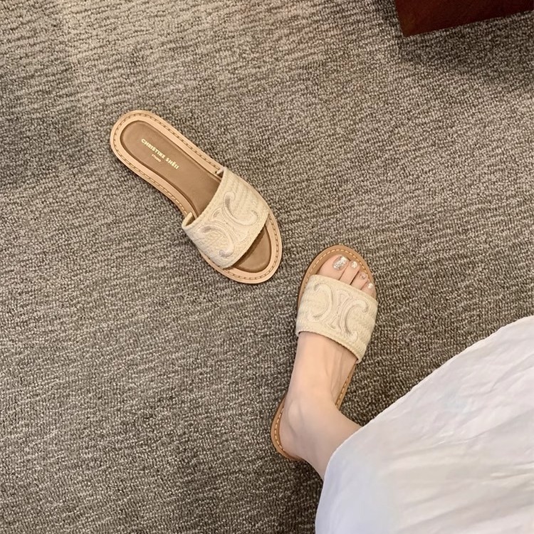 シープスキンバージョン〜凱旋門刺繍織りフラットスリッパ女性のアウターウェア気質2025夏の新しいフレンチサンダル|undefined