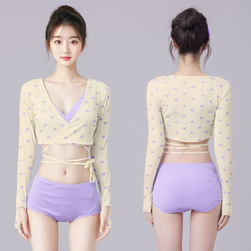 Bañador de tres piezas para mujeres, manga larga, cintura alta, traje de baño de vacaciones, cintura alta