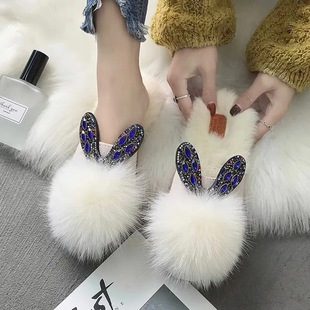 Internet celebrity plush cotton slippers women's outer wear 2023 new rabbit autumn and winter shoes closed toe women's shoes flat half slippers lazy shoes