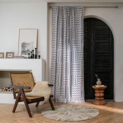 Yimanqiyun finished curtains blue corrugated geometric print tassel small window kitchen curtain cotton and linen semi-blackout bay window