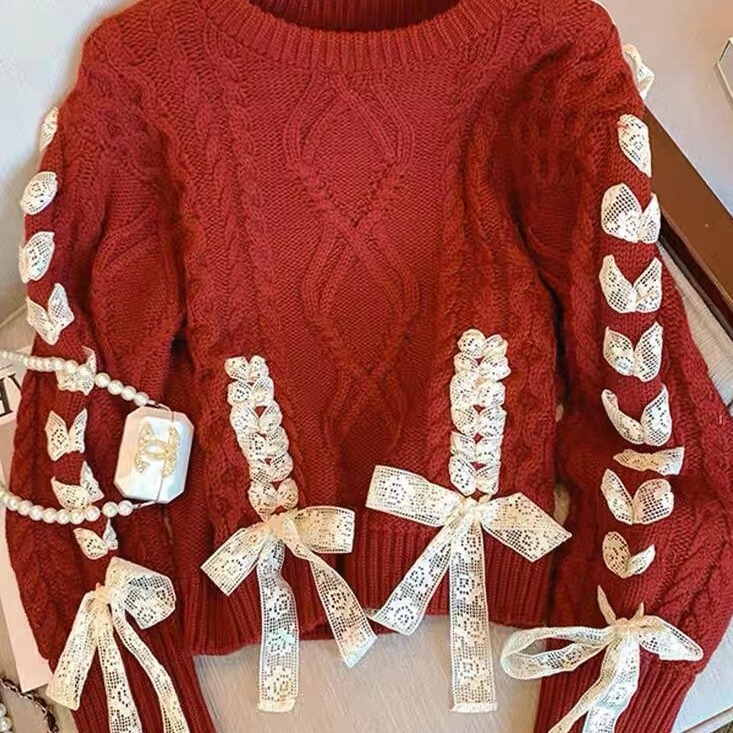 Cross-Border 2025 Autumn and Winter New Sweater Red Twist Women's Christmas Sweet Bow Knitted Pullover Top
