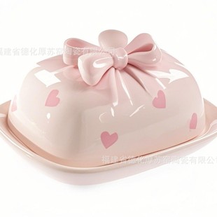 Cross-Border Export Customized Pink Heart Ceramic Butter Box Embossed Bow Butter Plate Valentine's Day Butter Container