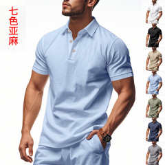 25 アマゾンクロスボーダー夏紳士服新リネン無地ルーズシンプルラペルアウトドアカジュアルポロシャツ男性用