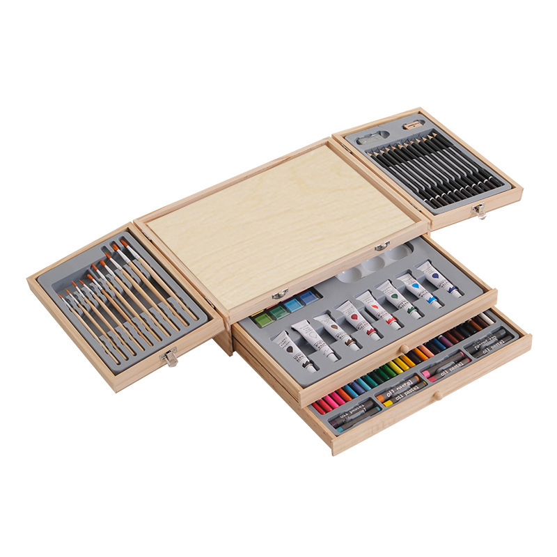 Chiyuan 82 conjuntos de suministros de pintura de arte, caja de herramientas especial para estudiantes de arte, caja de regalo de madera, conjunto completo de pincel de arte
