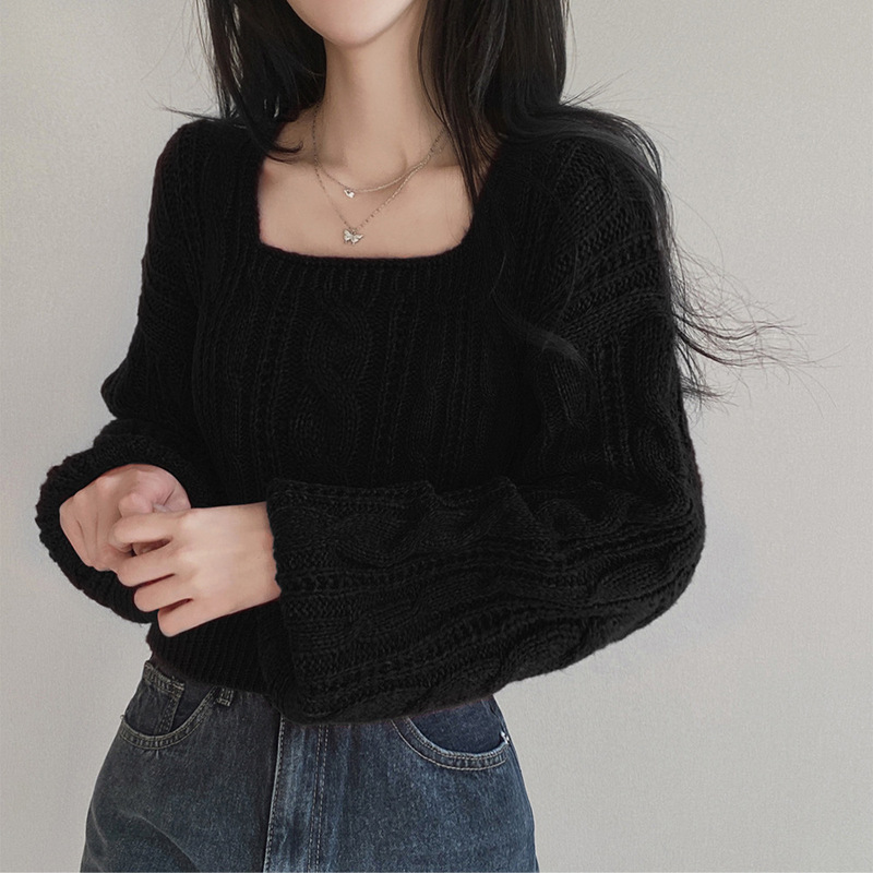 麻花短款毛衣女2025韩版秋冬新款慵懒风纯色灯笼袖方领套头针织衫|undefined