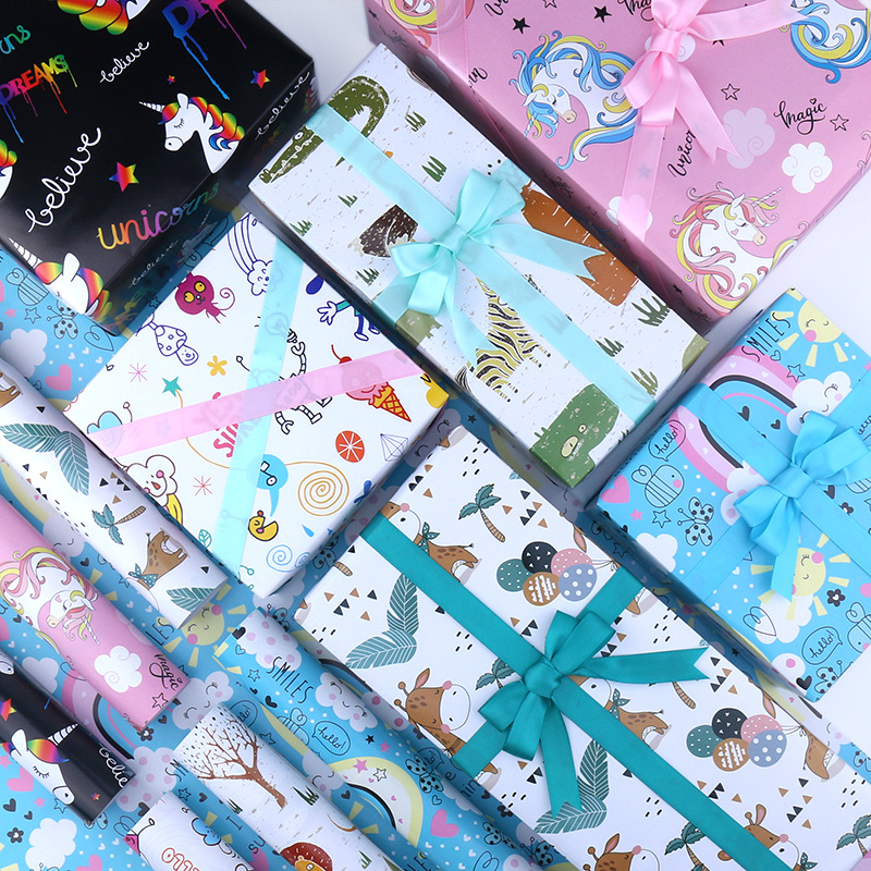Regalo de animales de dibujos animados papel recubierto de vacaciones impresión regalo papel de regalo de cumpleaños papel de embalaje al por mayor